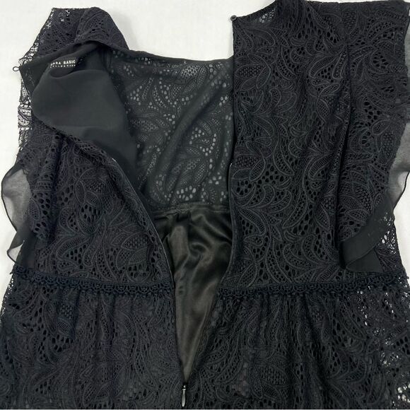 Zara Collection Black Lace Ruffle Cap Sleeve Fit Flare Midi Dress Women’s Small - Picture 5 of 9